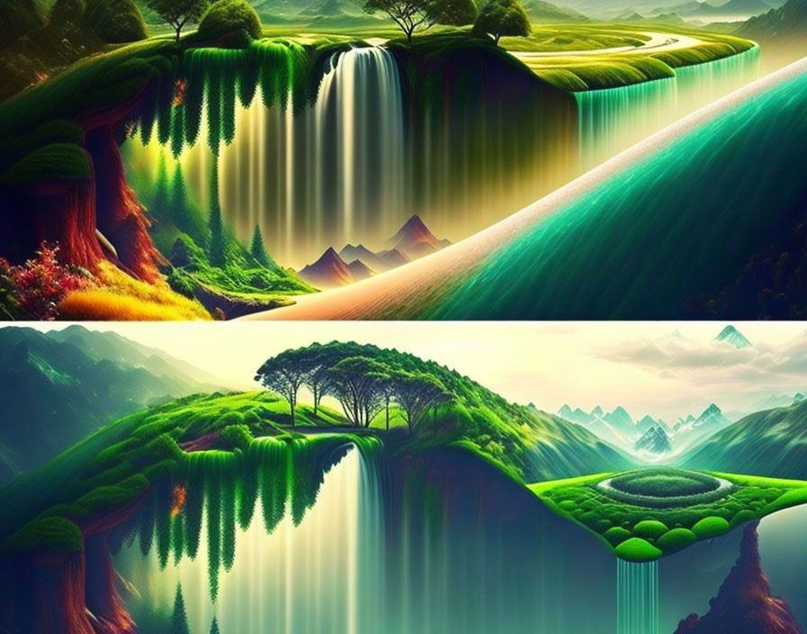 Surreal landscapes with vibrant colors and cascading waterfalls