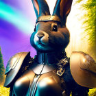 Futuristic armored rabbit in mystical forest setting