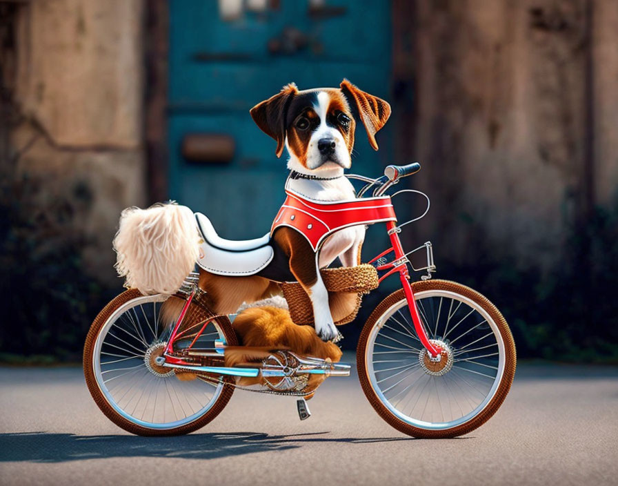 Brown, Black, and White Dog on Red Bicycle with Fluffy White Accessory