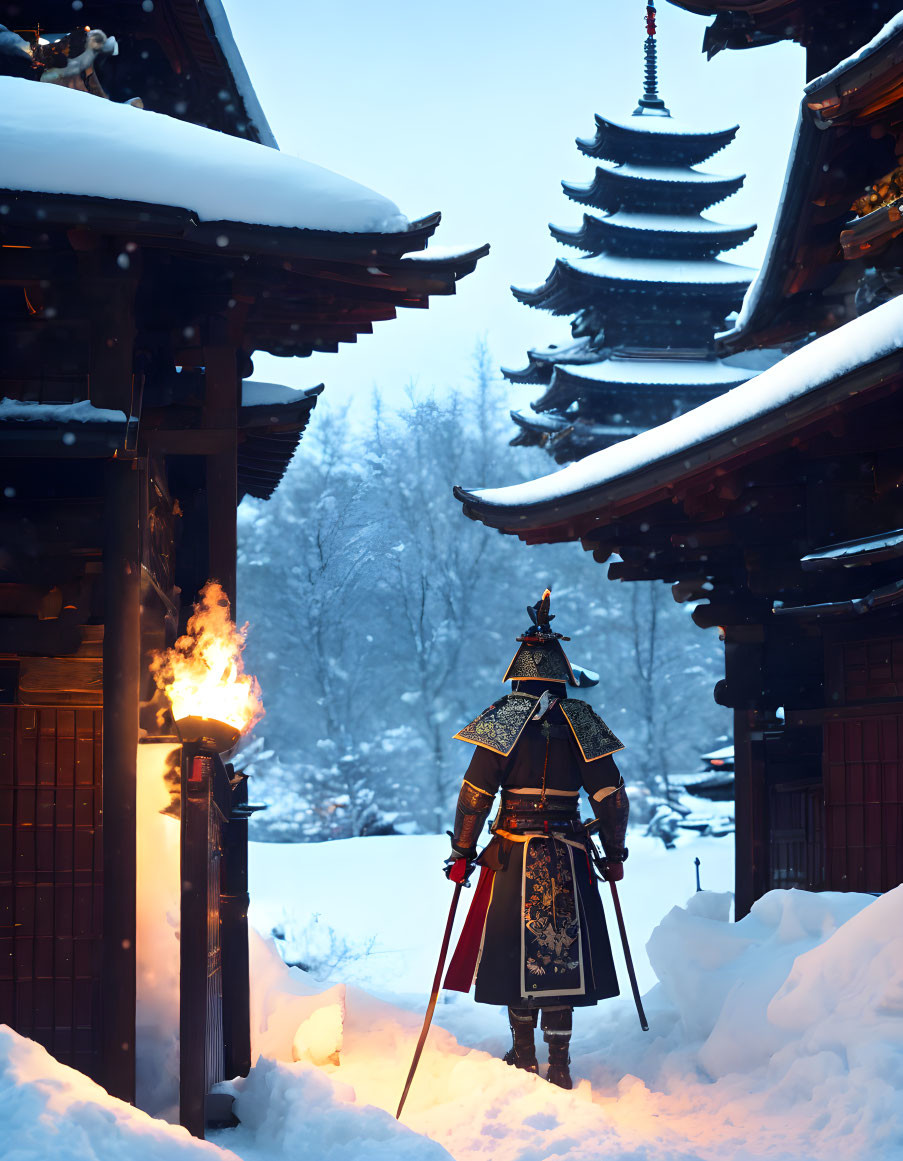 Traditional Samurai in Snowy Temple Setting with Pagoda