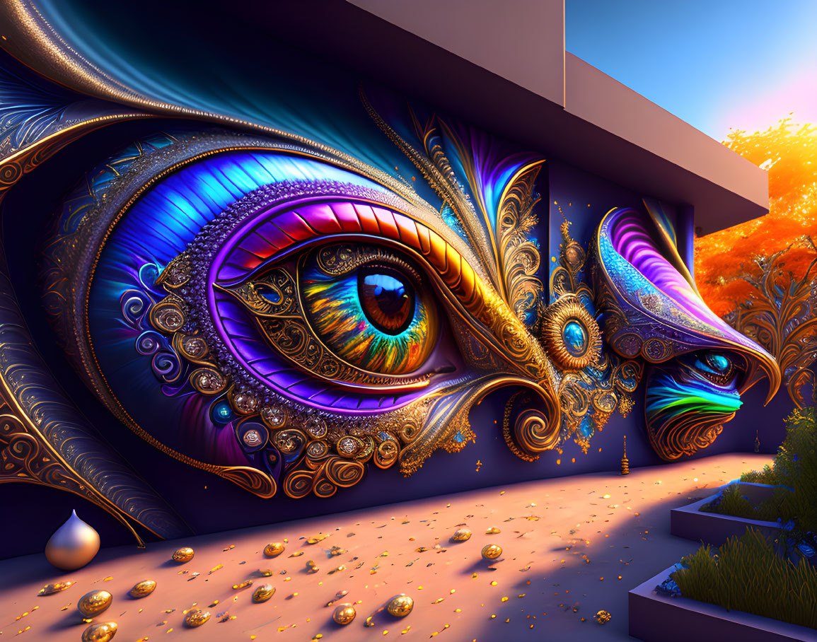 Colorful digital artwork of stylized eye with patterns and feathers in sunset sky