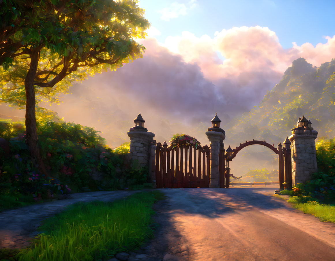 Sunlit Open Gate to Vibrant Landscape with Clear Sky and Path Flanked by Trees