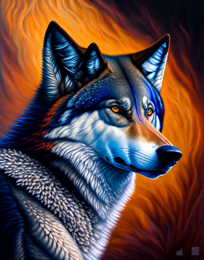 Colorful Digital Painting of Wolf with Blue and Orange Fur