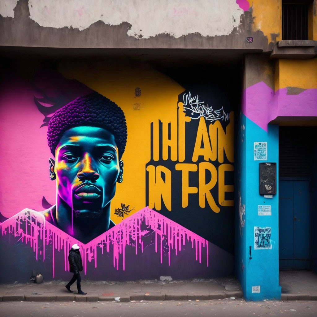 Colorful street mural featuring man's face on purple and yellow background with text, pedestrian passing by