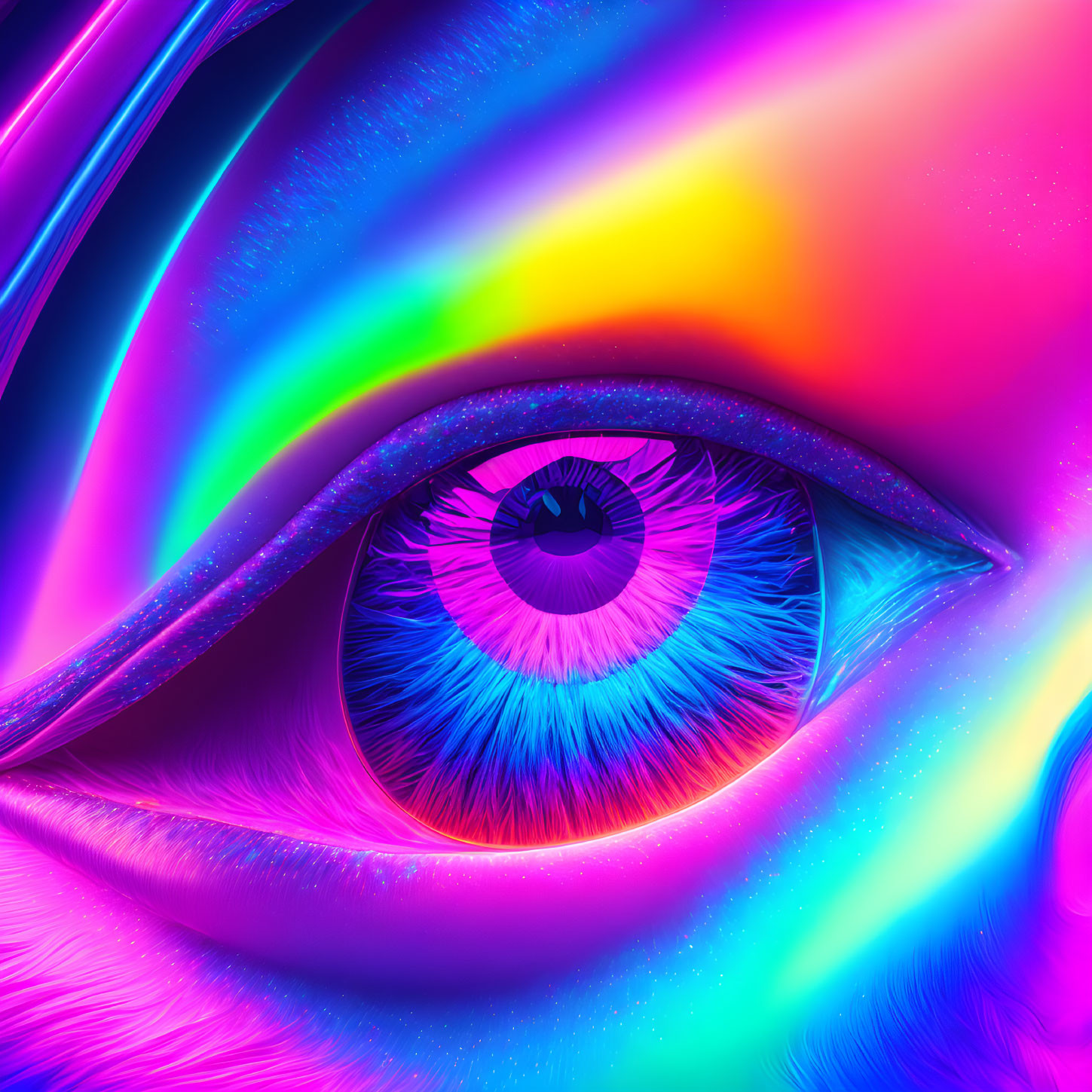 Close-up of vibrant eye with neon pink, blue, and purple hues