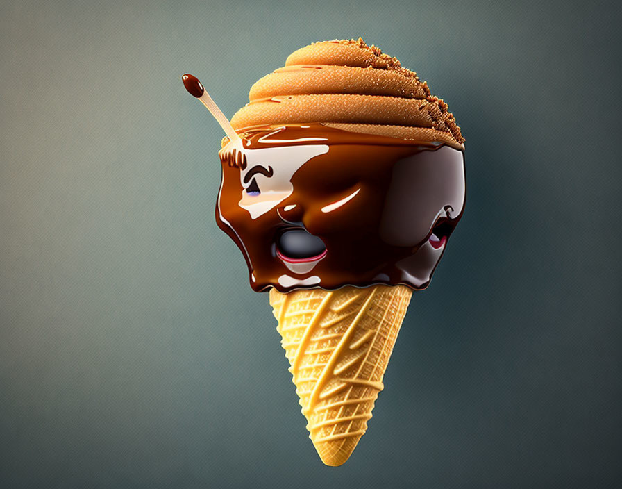 Cartoonish anthropomorphic ice cream cone with chocolate and caramel toppings