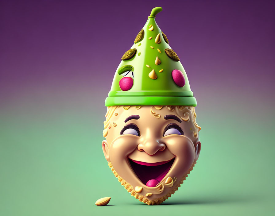 Colorful 3D illustration of a joyful face with green party hat on purple background