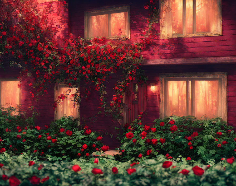 Whimsical red house surrounded by greenery and red roses with glowing windows