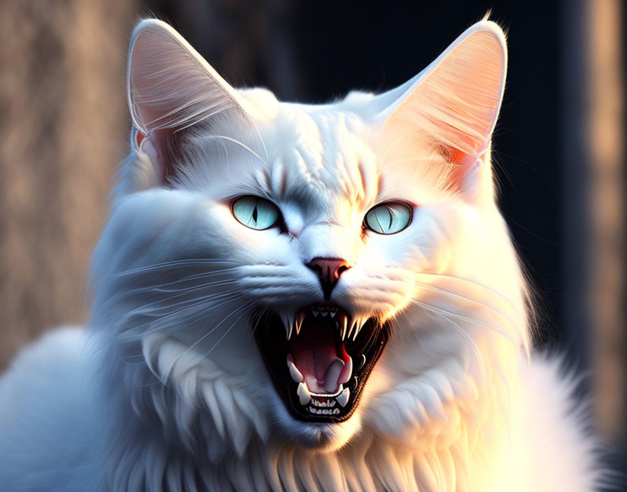 Fluffy white cat with blue eyes hissing or yawning in soft lighting