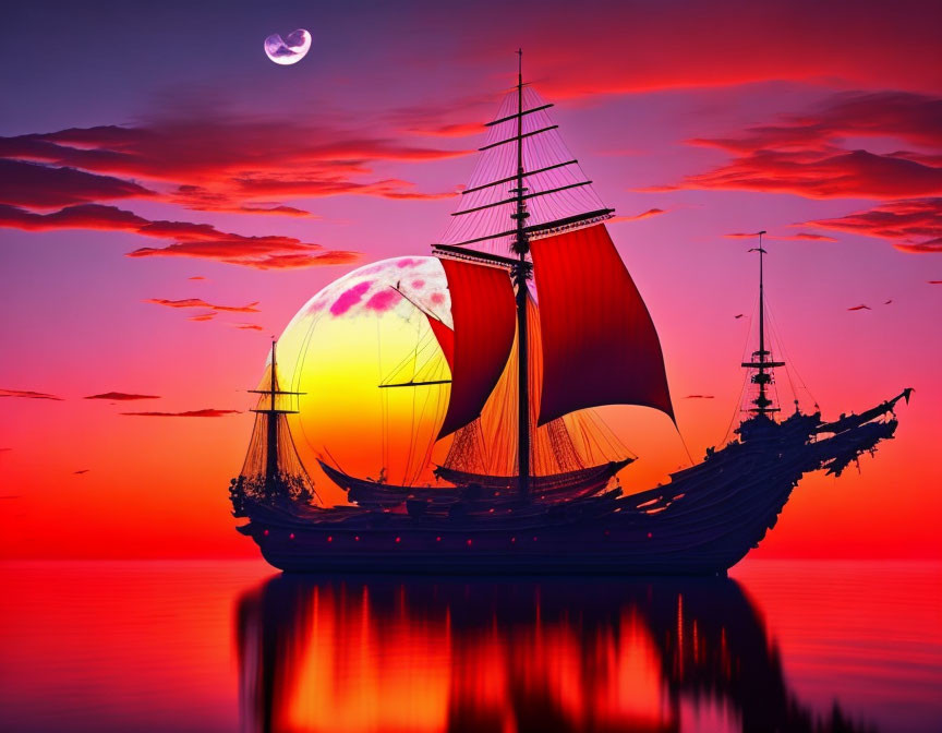 Red-Sailed Sailing Ship on Calm Sea at Sunset