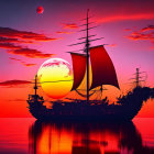 Red-Sailed Sailing Ship on Calm Sea at Sunset