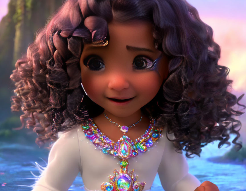 3D animated girl with big eyes and curly hair wearing jeweled necklace