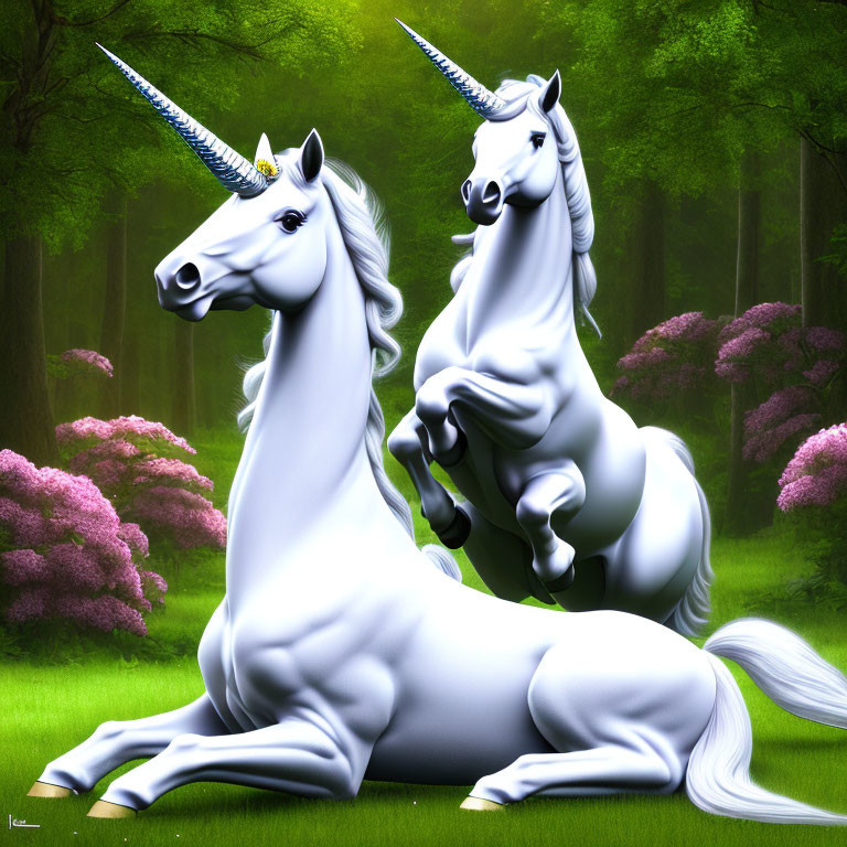 Two White Unicorns with Spiraling Horns in Vibrant Forest Landscape