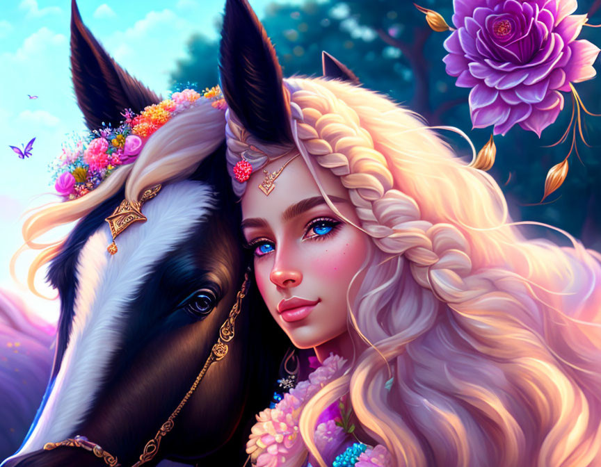 Fantasy digital art: Fair-skinned woman with long blonde hair and floral adornments next to black