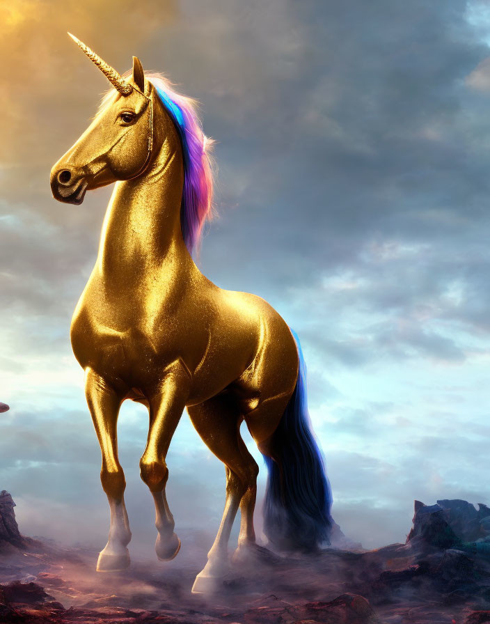 Golden Unicorn with Rainbow Mane Against Dramatic Sky