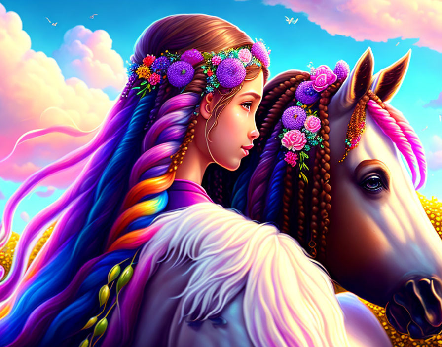 Vibrant digital art: Young woman with purple hair and flowers embracing a brown horse under colorful sky