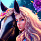 Fantasy digital art: Fair-skinned woman with long blonde hair and floral adornments next to black