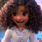 3D animated girl with big eyes and curly hair wearing jeweled necklace