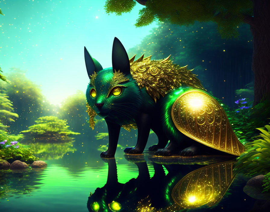 Mystical black cat with green eyes and golden wings by tranquil pond