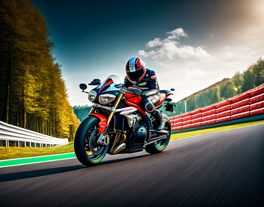 Colorful Helmet Motorcyclist Leans on Sportbike at Racetrack