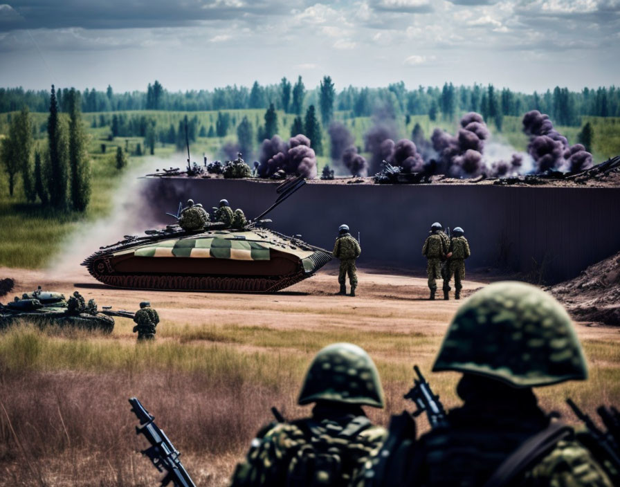 Military soldiers in helmets watch tank firing in battlefield.