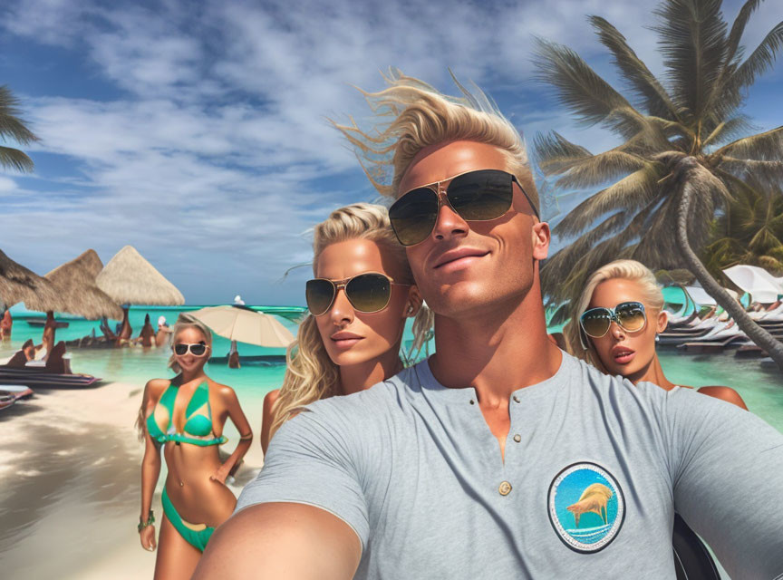 Three stylized animated characters taking a selfie on a tropical beach with palm trees, huts, and