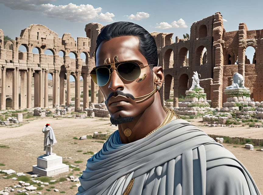 Man in Toga with Stylized Beard and Golden Accessories at Ancient Roman Ruins