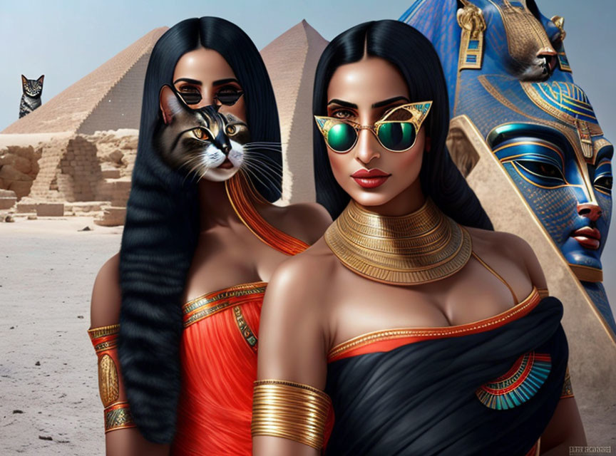 Stylized ancient Egyptian women with elaborate makeup pose by pyramids