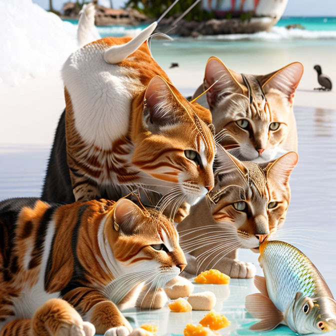 Digital montage of oversized cats at tropical beach with swimming fishes