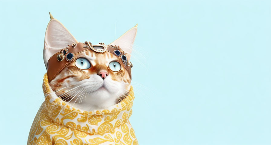 Steampunk-style cat with golden scarf on light blue background