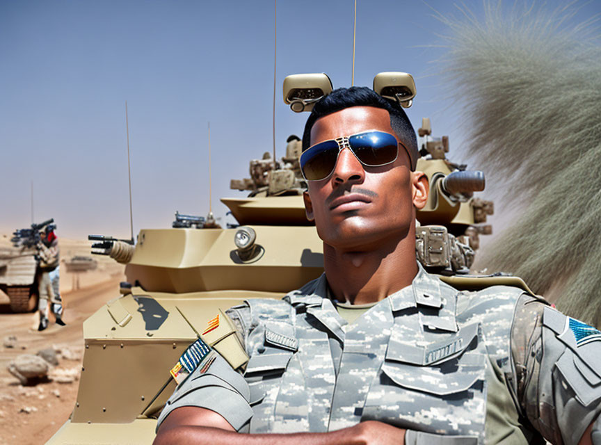 Confident soldier in camouflage with sunglasses by desert tank unit