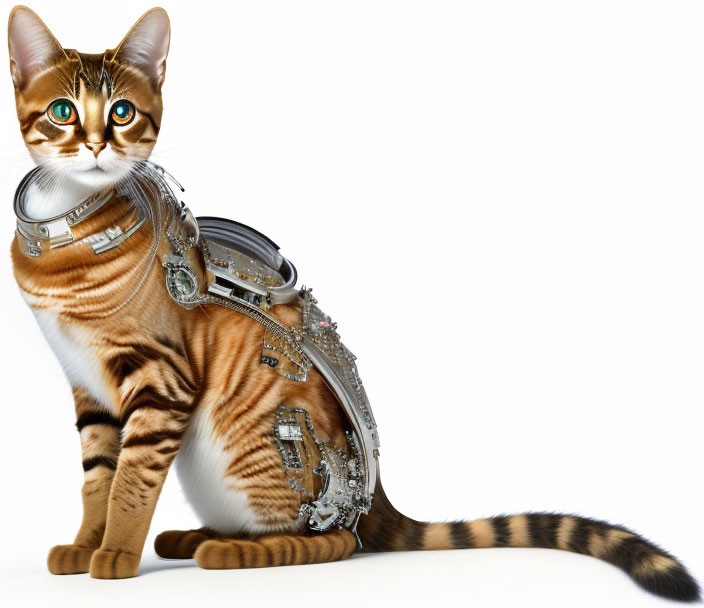 Digital artwork featuring a cat with mechanical body parts