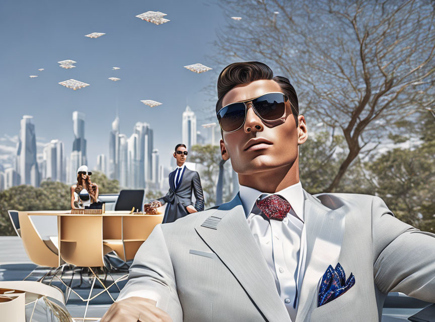 Confident man in suit with sunglasses, urban skyline, and paper planes.