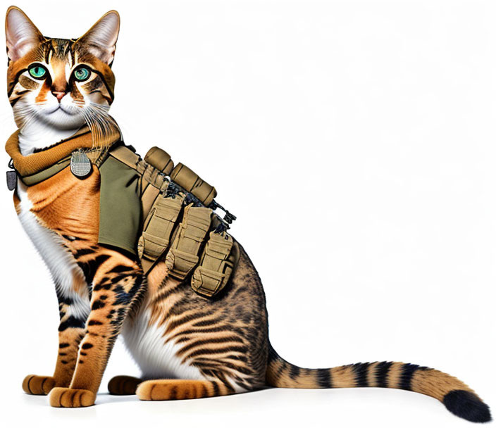 Bengal Cat with Green Eyes in Miniature Tactical Vest