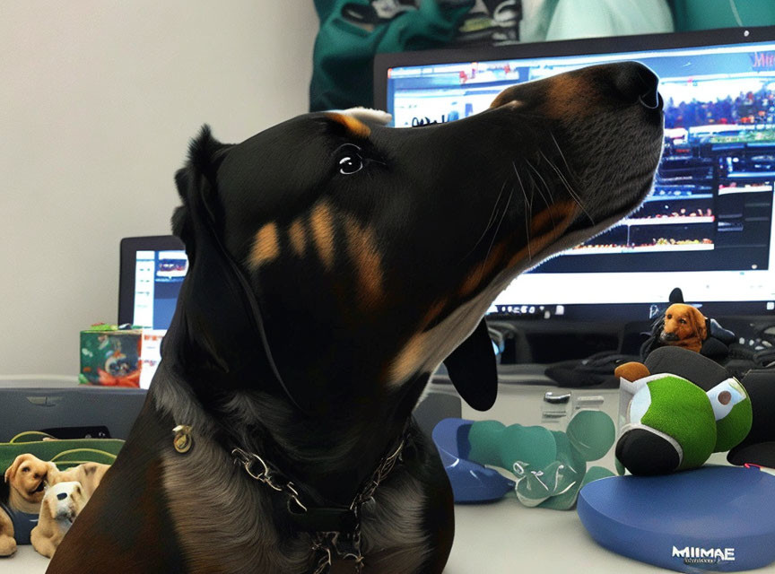 Black and Tan Dog in Office Setting with Computer Screens and Toy Dogs