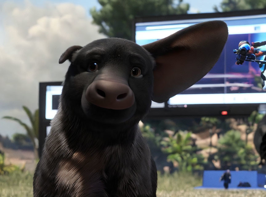 3D animated black dog with floppy ears and expressive eyes in front of computer screen playing video game.