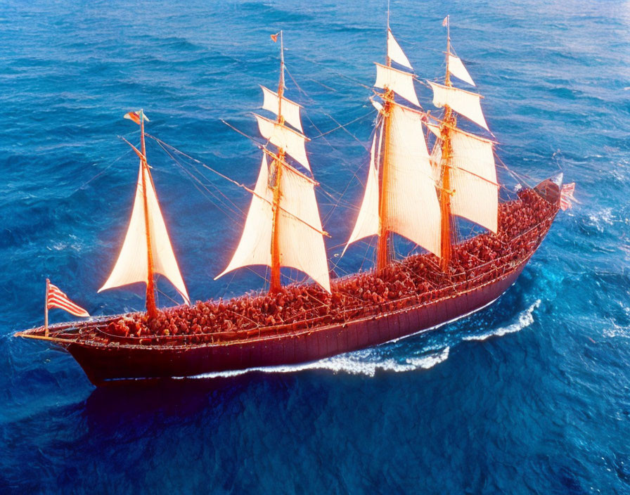 Classic sailing ship with red hull and multiple masts sailing in blue ocean with American flag.