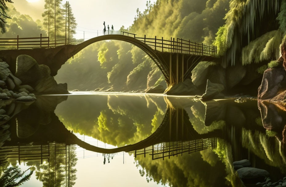 People on arched bridge over tranquil river with lush greenery and cliffs in golden sunlight