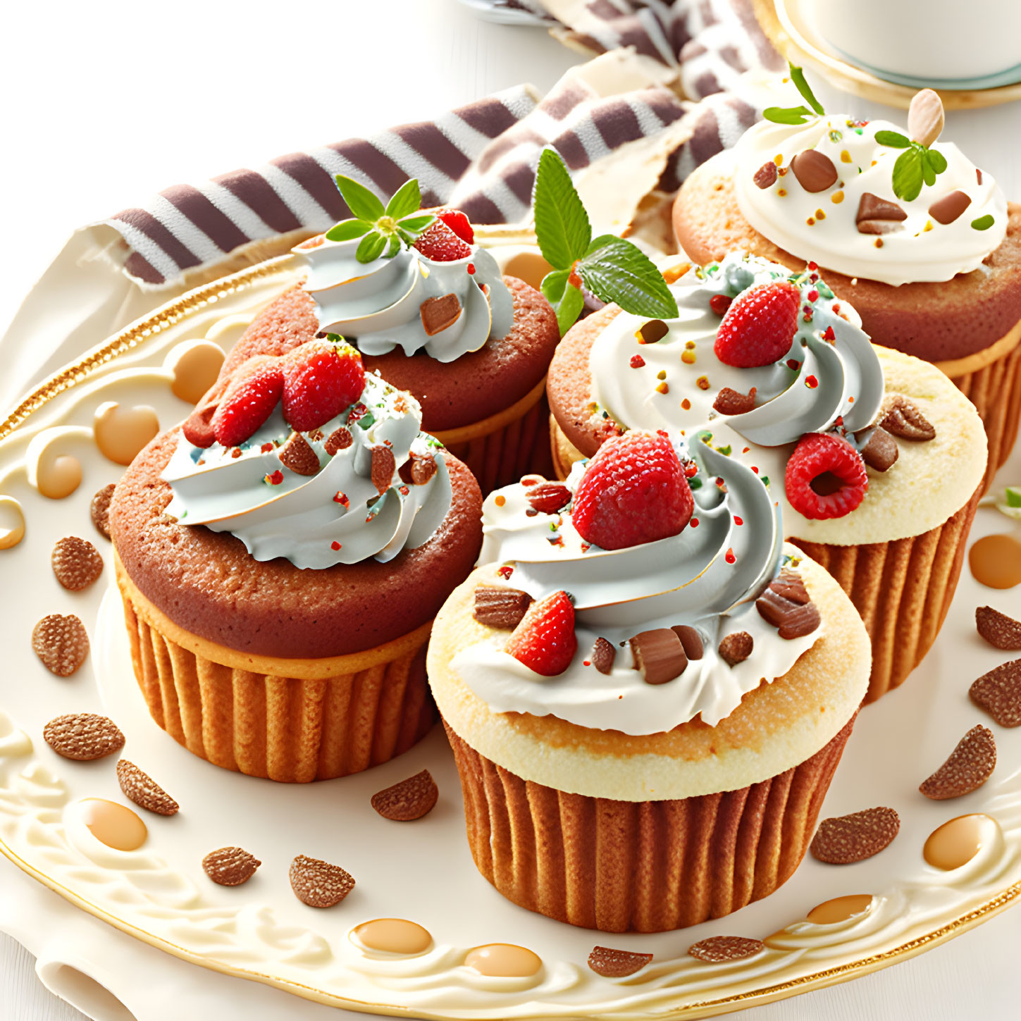 Assorted Cupcakes with Blue and White Icing, Strawberries, Chocolate, and Mint