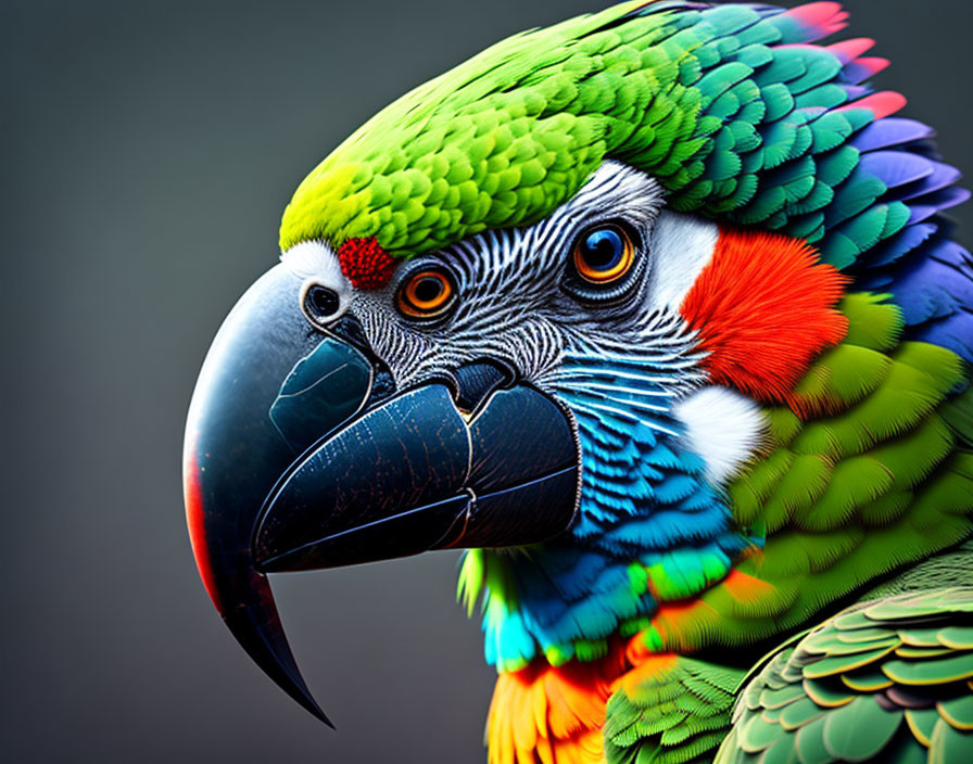 Colorful Parrot with Detailed Feathers and Striking Gaze on Gray Background