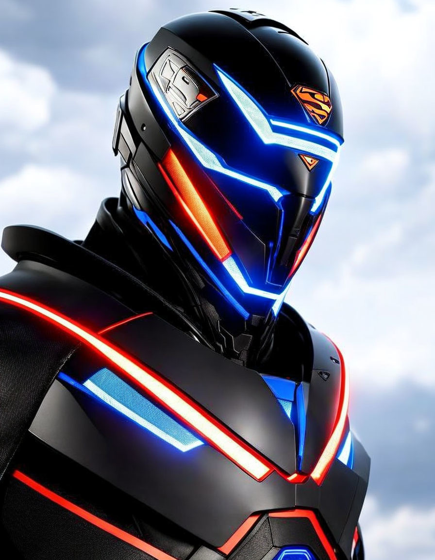 Futuristic helmet with blue and red neon lights and visor against cloudy sky