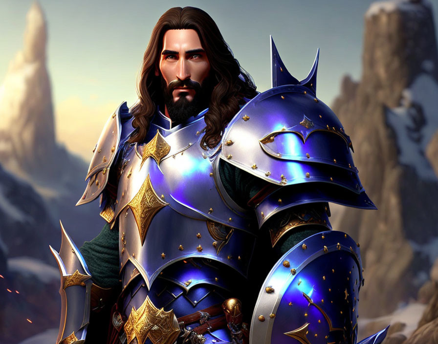 Knight in Blue and Gold Armor with Mountain Background
