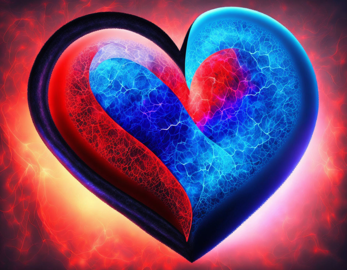 Intertwined red and blue heart with crackled texture in fiery glow