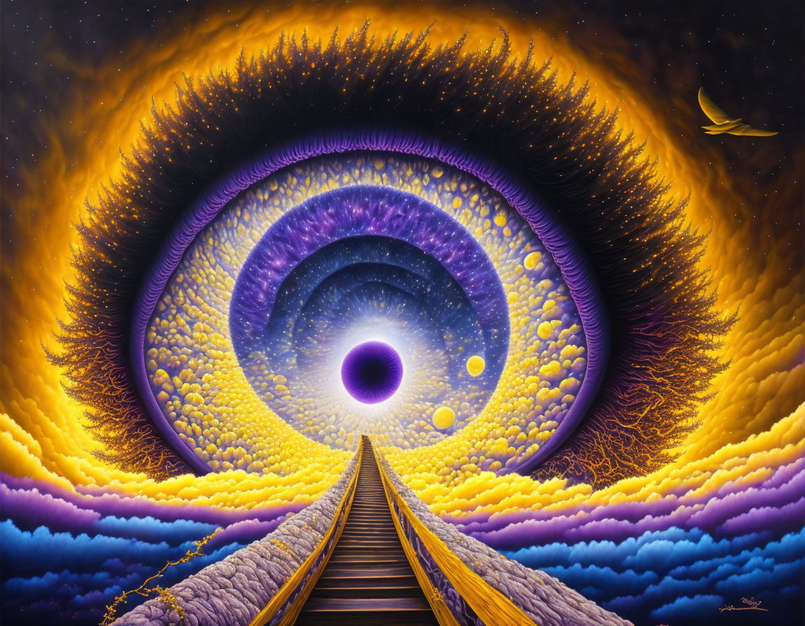 Colorful surreal image: Wooden footbridge to giant eye in cosmic setting with bird