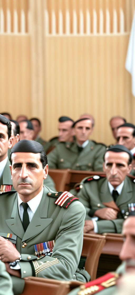 Military Officers in Uniform Seated at Assembly with Visible Medals