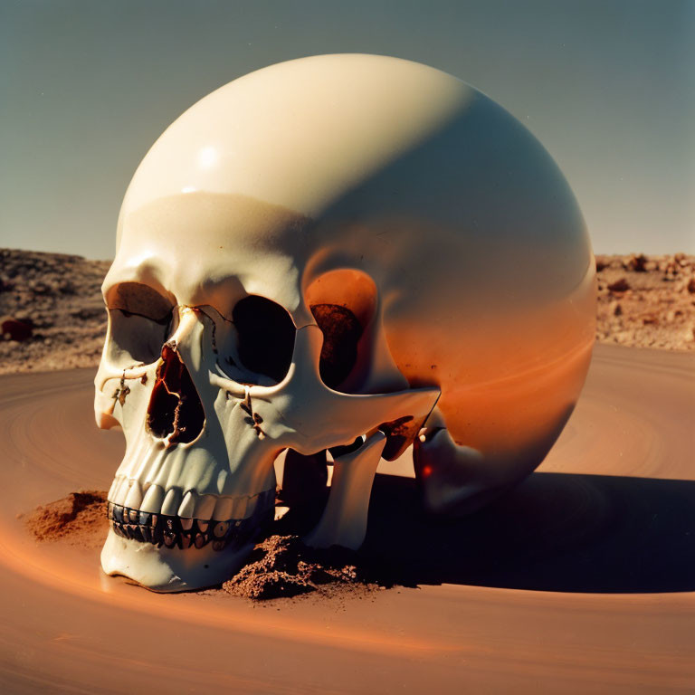 Partially submerged human skull in sand under sunlight