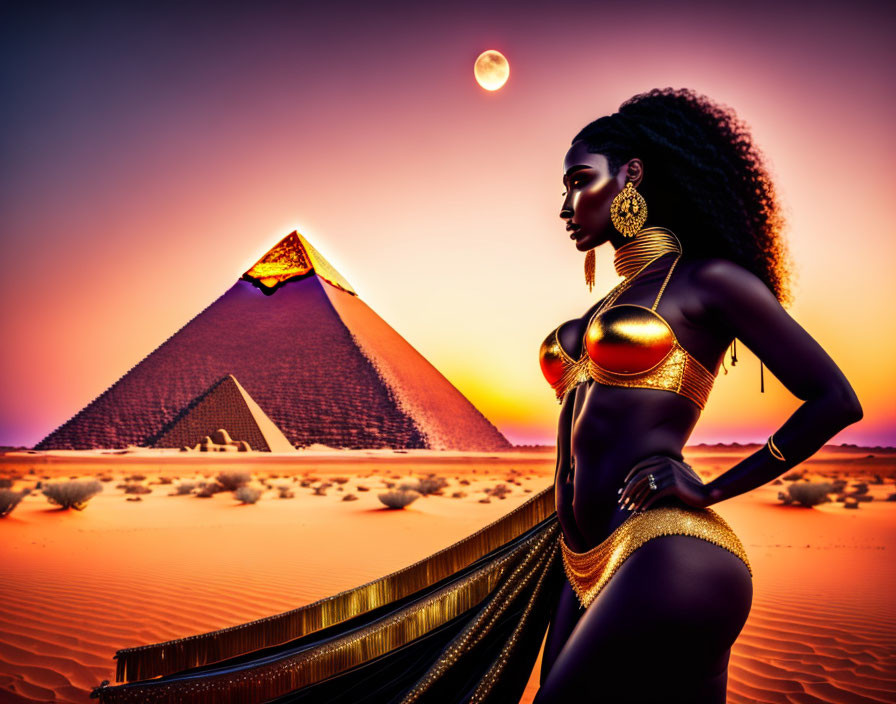 Stylized image: Woman with golden jewelry by pyramid at sunset