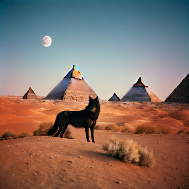 Black Dog in Desert Twilight with Great Pyramids and Full Moon