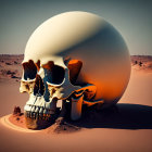 Partially submerged human skull in sand under sunlight