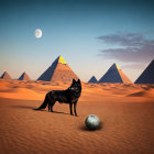 Black Dog in Desert Twilight with Great Pyramids and Full Moon